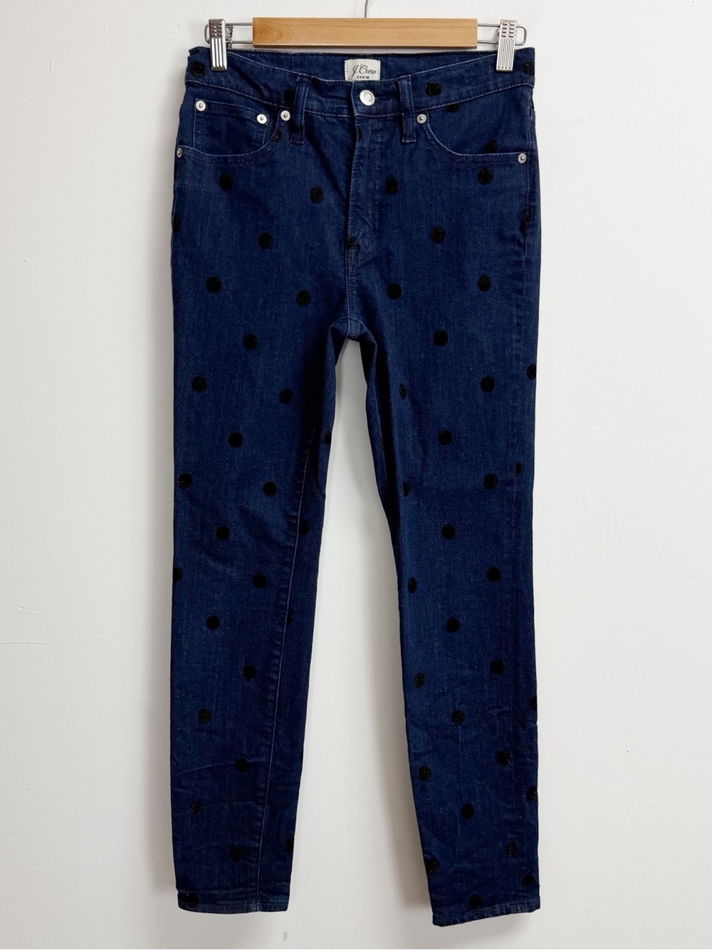 J Crew Jeans Womens 27 Toothpick Skinny 9" High Rise Polka Dot Dark Wash